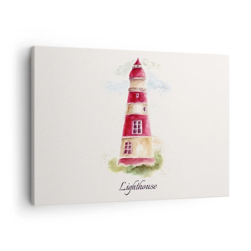 Impression sur toile - Image sur toile - Une aquarelle représentant un phare sur fond clair avec une inscription - 70x50cm - Il y a toujours beau temps autour - Décoration murale moderne pour le salon et la chambre ARTTOR