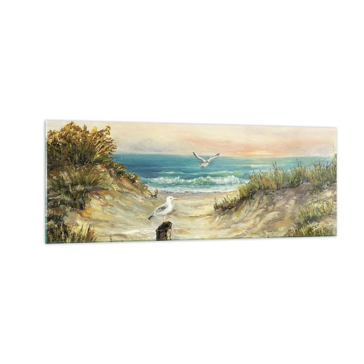 Impression sur verre - Image sur verre - Côte avec mouettes et dunes au coucher du soleil - 140x50cm - Retraite au calme - Décoration murale moderne pour le salon et la chambre ARTTOR
