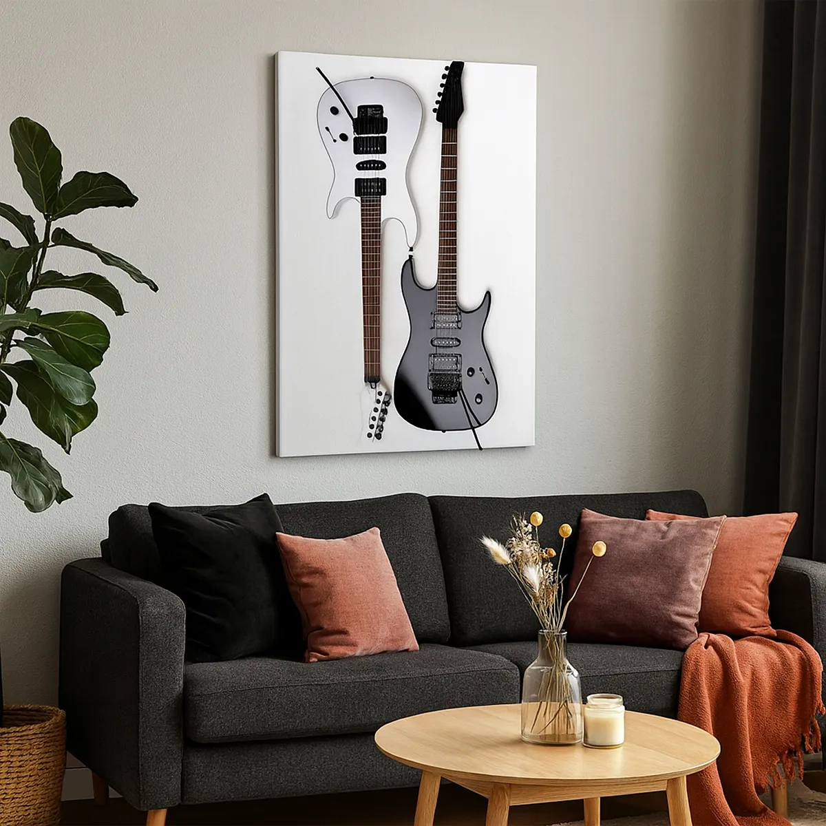 Impression sur toile - Image sur toile - Deux guitares électriques en noir et blanc sur fond clair. - 50x70cm - Harmonie des formes - Décoration murale moderne pour le salon et la chambre ARTTOR