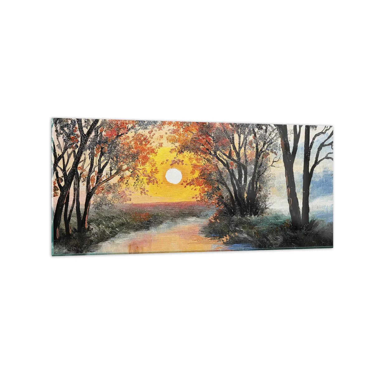Impression sur verre - Image sur verre - Coucher de soleil sur la rivière dans un paysage d'automne - 120x50cm - Climats de printemps - Décoration murale moderne pour le salon et la chambre ARTTOR