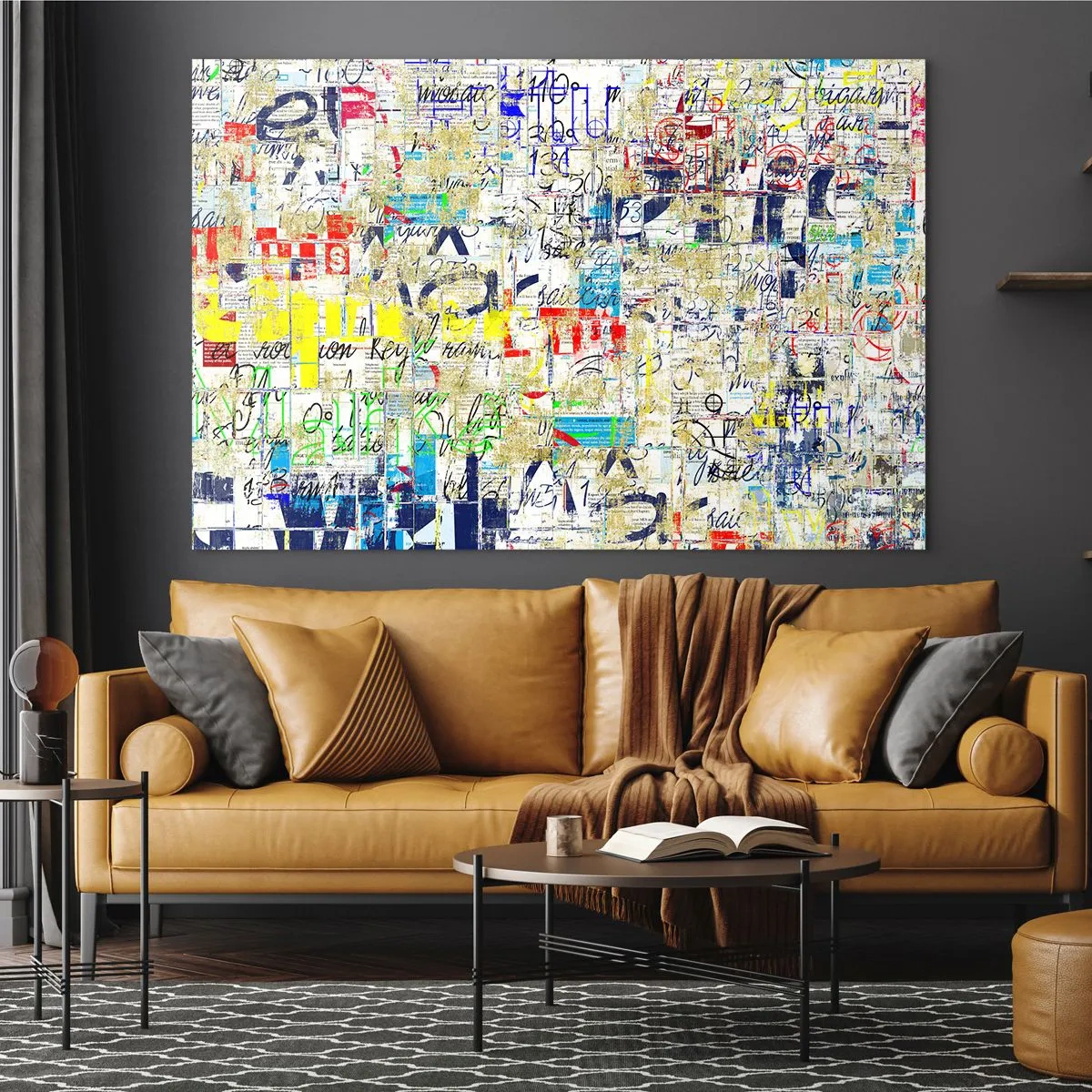 Impression sur verre - Image sur verre - Une composition abstraite avec un mélange de couleurs et d'inscriptions. - 120x80cm - Ca fait juste plaisir aux yeux - Décoration murale moderne pour le salon et la chambre ARTTOR