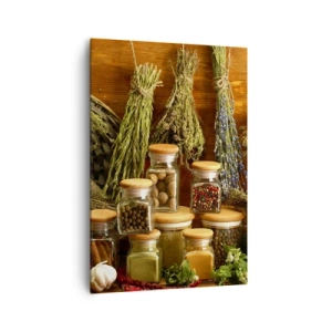 Impression sur toile - Image sur toile - Herbes et épices en pots sur fond rustique - 70x100cm - Sortilèges de cuisine - Décoration murale moderne pour le salon et la chambre ARTTOR