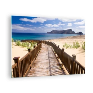 Impression sur verre - Image sur verre - Chemin en bois sur la plage menant à la mer - 70x50cm - Emmène-moi dans les îles du bonheur - Décoration murale moderne pour le salon et la chambre ARTTOR