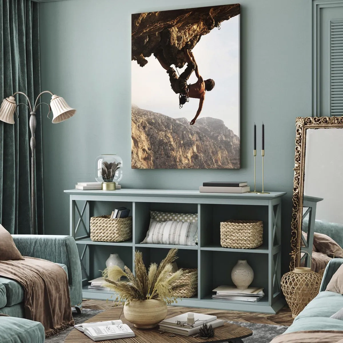 Impression sur toile - Image sur toile - Le monde rétréci dans une main sur une coupe de rocher - 45x80 cm