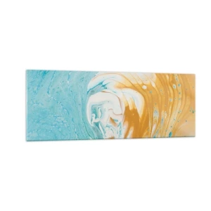 Impression sur verre - Image sur verre - Vagues abstraites dans des tons de bleu et d'or sur toile - 140x50cm - Tourbillon pastel - Décoration murale moderne pour le salon et la chambre ARTTOR