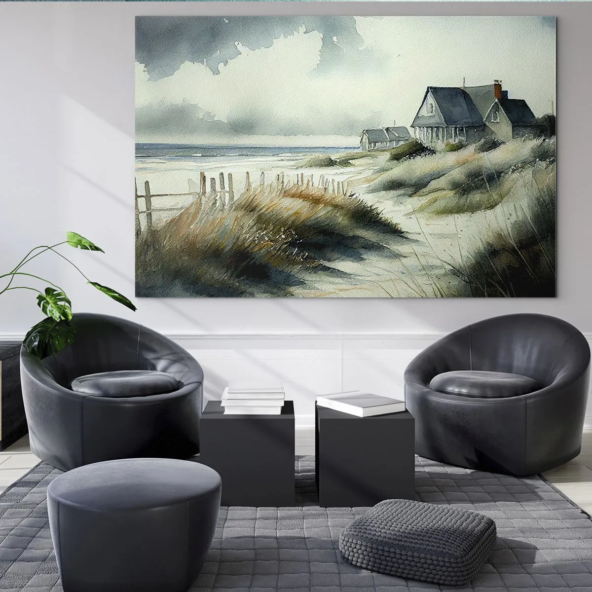 Impression sur verre - Image sur verre - Maisons de dunes en bord de mer sous un ciel nuageux - 70x50cm - Loin de l'agitation - Décoration murale moderne pour le salon et la chambre ARTTOR