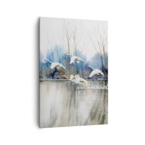 Impression sur toile - Image sur toile - Cygnes en vol au-dessus d'un lac gelé dans un paysage hivernal - 70x100cm - Comme dans un conte de fées sur les cygnes sauvages - Décoration murale moderne pour le salon et la chambre ARTTOR