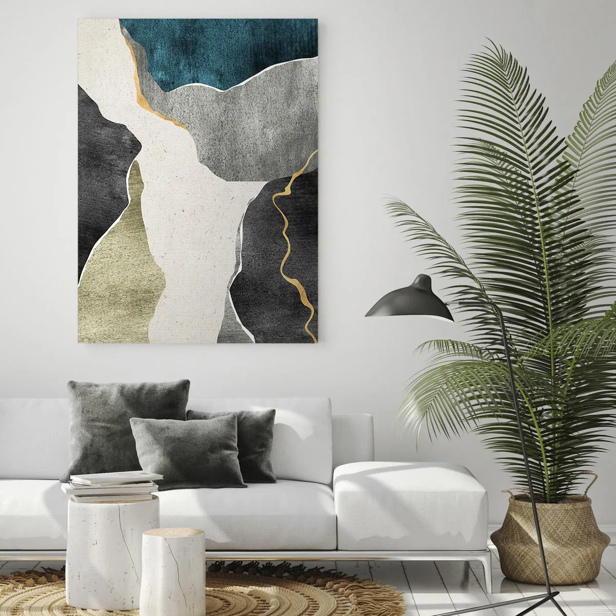 Impression sur verre - Image sur verre - Formes géométriques dans les tons de gris, vert et or - 80x120cm - Composition mosaïque avec un fil d'or - Décoration murale moderne pour le salon et la chambre ARTTOR