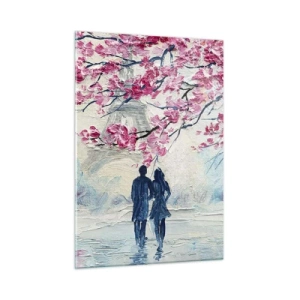 Impression sur verre - Image sur verre - Un couple se promenant sous des arbres en fleurs - 50x70cm - Ballade romantique - Décoration murale moderne pour le salon et la chambre ARTTOR