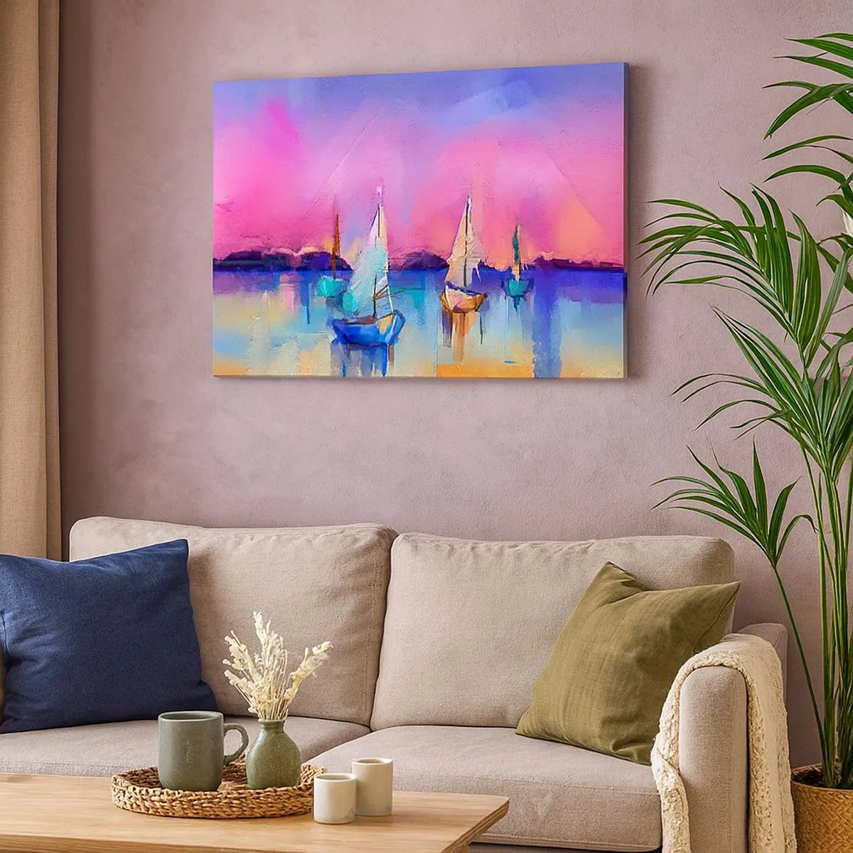 Impression sur toile - Image sur toile - Voiliers sur une mer calme aux couleurs pastel du coucher de soleil - 70x50cm - Direction: les eaux larges - Décoration murale moderne pour le salon et la chambre ARTTOR