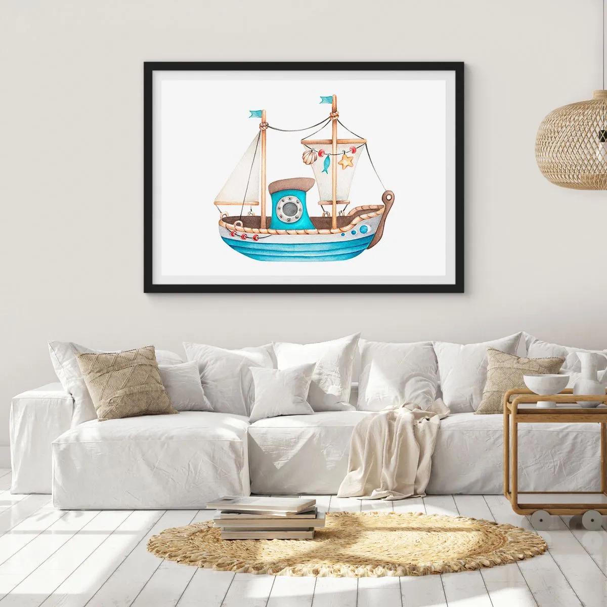 Affiche dans un cadre noir - Poster - Illustration d'un navire aux couleurs pastel sur fond blanc - 70x50cm - Ohé, l'aventure ! - Décoration murale moderne pour le salon et la chambre ARTTOR