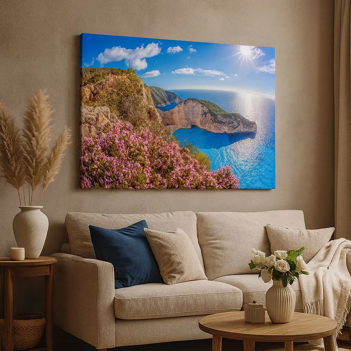 Impression sur toile - Image sur toile - Une falaise fleurie, une mer turquoise et un paysage grec ensoleillé - 70x50cm - Mes super vacances grecques - Décoration murale moderne pour le salon et la chambre ARTTOR