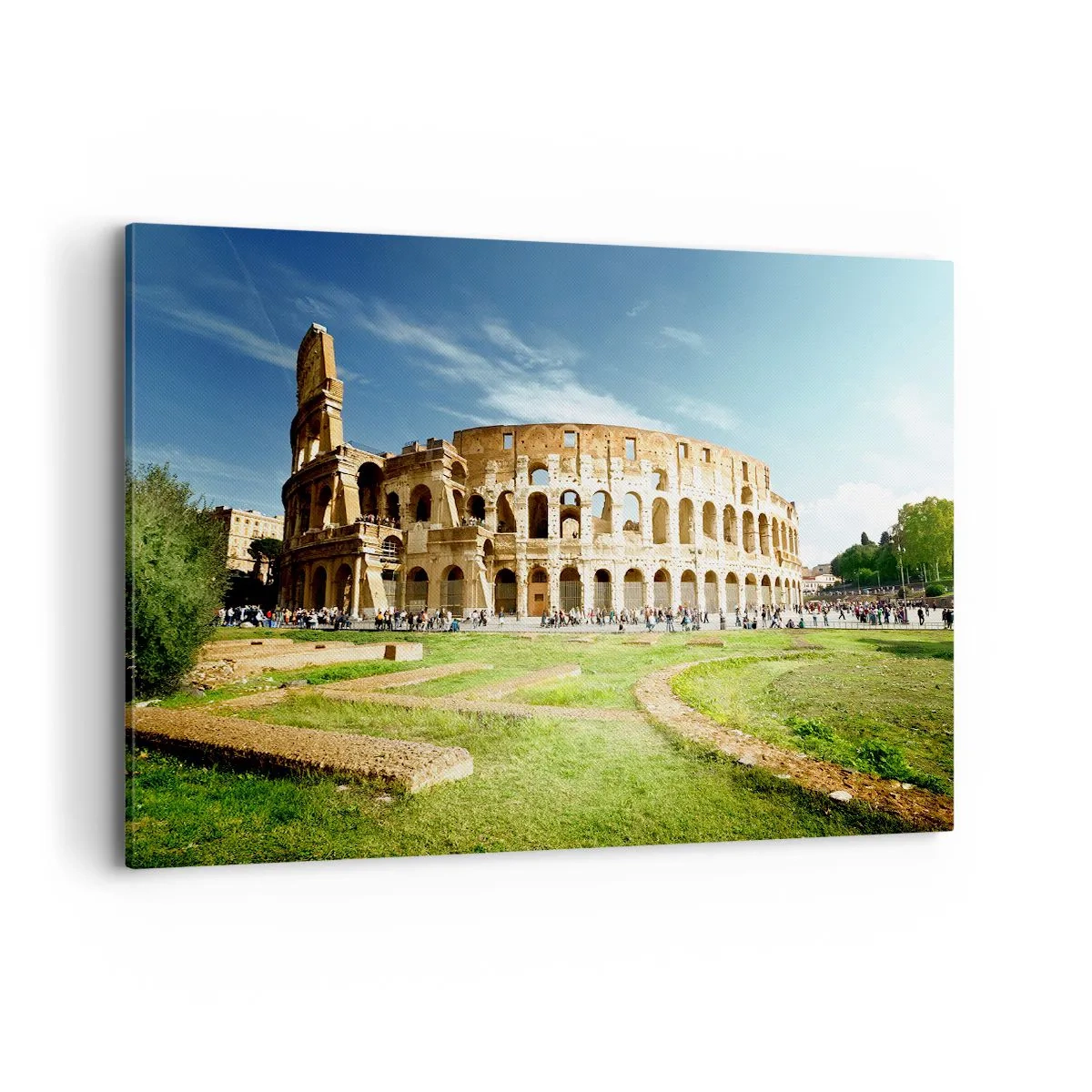 Impression sur toile - Image sur toile - Le Colisée de Rome entouré de verdure et de ciel bleu - 120x80cm - On entend encore la détonation de l'arme - Décoration murale moderne pour le salon et la chambre ARTTOR
