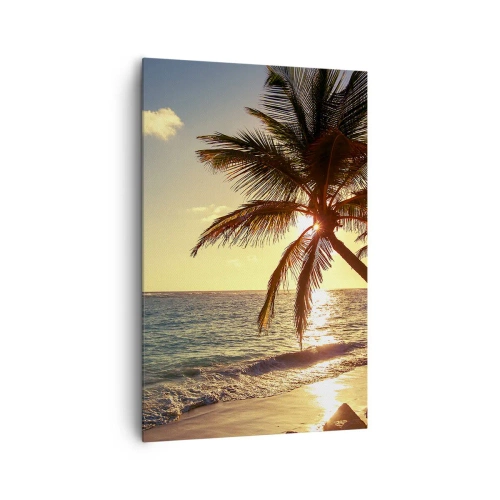 Impression sur toile - Image sur toile - Coucher de soleil tropical sur une plage avec des palmiers - 80x120cm - L'été sous les palmiers - Décoration murale moderne pour le salon et la chambre ARTTOR