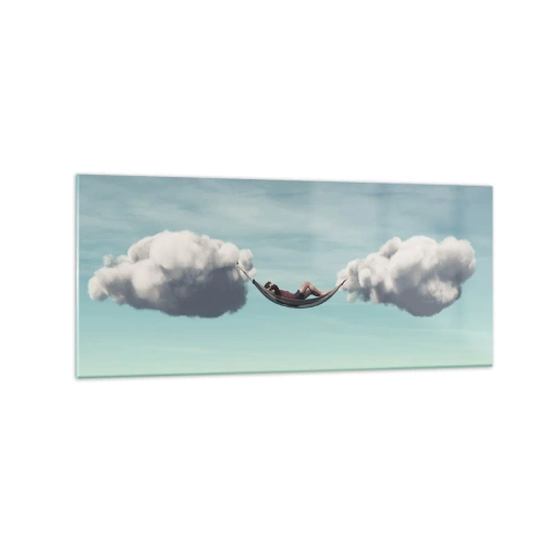Impression sur verre - Image sur verre - Une personne se détendant dans un hamac suspendu dans les nuages - 120x50cm - Instant de bonheur - Décoration murale moderne pour le salon et la chambre ARTTOR