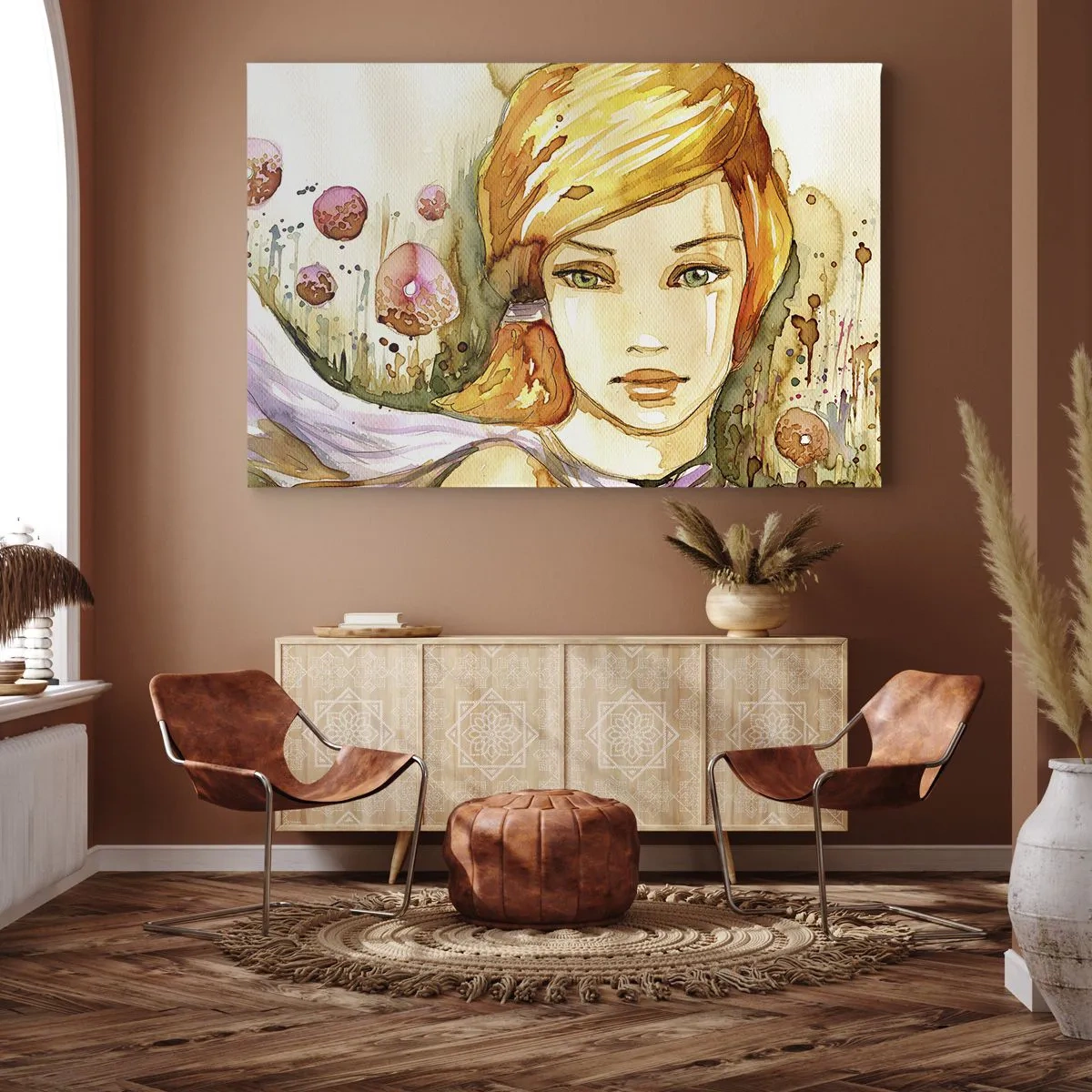 Impression sur toile - Image sur toile - Portrait d'une femme aux couleurs aquarelles au regard intense - 100x70cm - Un regard émeraude qui calme la colère - Décoration murale moderne pour le salon et la chambre ARTTOR