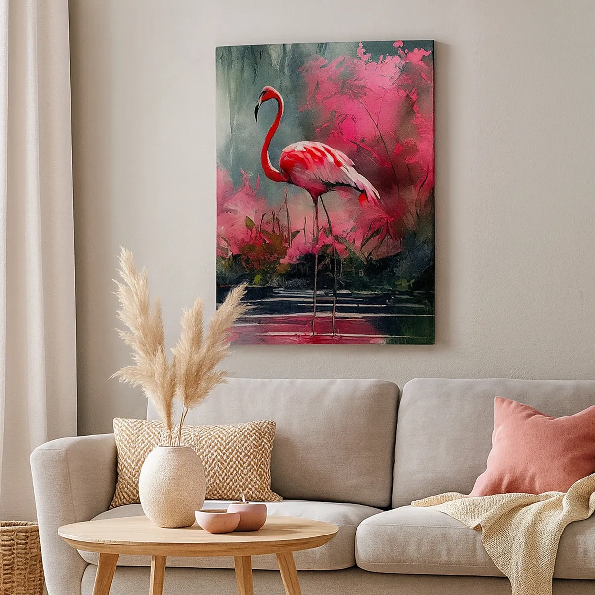 Impression sur toile - Image sur toile - Flamants roses au bord de l'eau entourés de végétation - 50x70cm - Une leçon de grâce naturelle - Décoration murale moderne pour le salon et la chambre ARTTOR