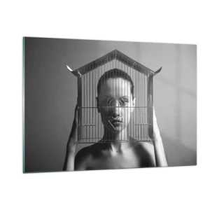 Impression sur verre - Image sur verre - Femme avec une cage en forme de maison sur son visage en noir et blanc - 120x80cm - Portrait un peu surréaliste - Décoration murale moderne pour le salon et la chambre ARTTOR