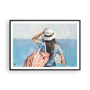 Affiche dans un cadre noir - Poster - Une femme avec un chapeau contre la mer bleue - 100x70cm - Bienvenue à vos vacances - Décoration murale moderne pour le salon et la chambre ARTTOR
