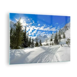 Impression sur verre - Image sur verre - Paysage de montagne d'hiver avec forêt et ciel bleu - 70x50cm - Dans la neige et au soleil - Décoration murale moderne pour le salon et la chambre ARTTOR