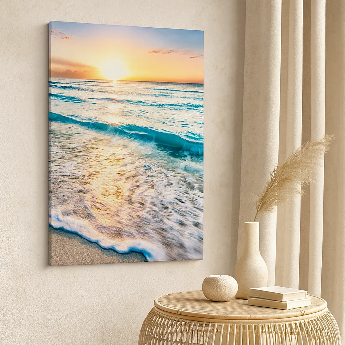 Impression sur toile - Image sur toile - Lever de soleil sur une plage tranquille avec des vagues - 50x70cm - Une vue qui en vaut la peine - Décoration murale moderne pour le salon et la chambre ARTTOR