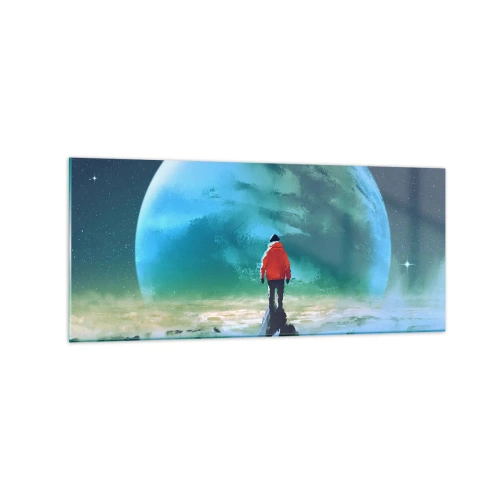 Impression sur verre - Image sur verre - Un homme portant une veste rouge debout devant une grande planète avec des étoiles en arrière-plan. - 120x50cm - Explorateur de la nouvelle terre - Décoration murale moderne pour le salon et la chambre ARTTOR