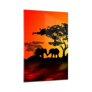 Impression sur verre - Image sur verre - Coucher de soleil africain avec des silhouettes d'éléphants et de girafes au-dessus de l'eau - 80x120cm - Rencontre dans la savane - Décoration murale moderne pour le salon et la chambre ARTTOR
