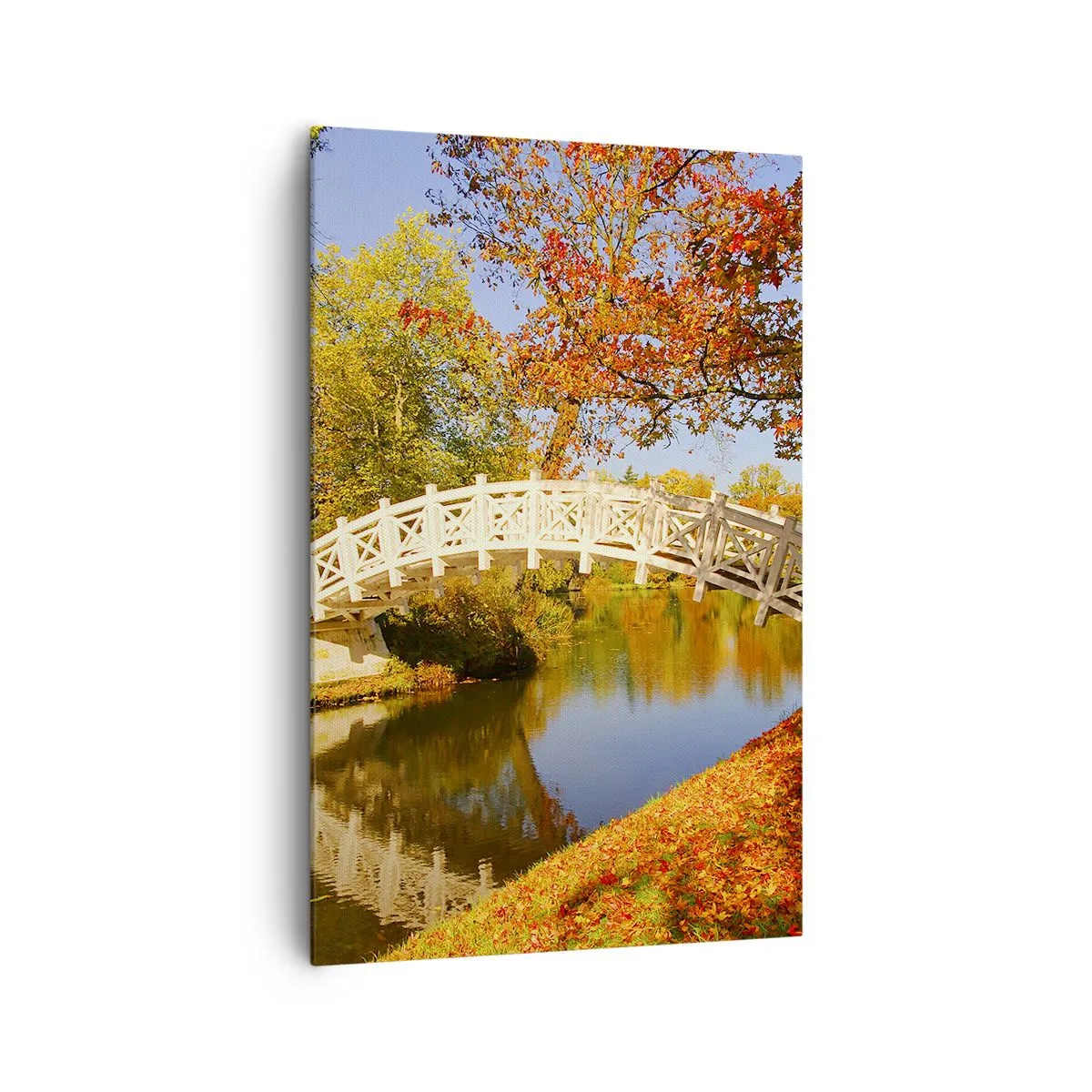 Impression sur toile - Image sur toile - Un pont dans un parc entouré de feuilles d'automne sur une eau calme - 80x120cm - Sur le pont blanc des soupirs - Décoration murale moderne pour le salon et la chambre ARTTOR