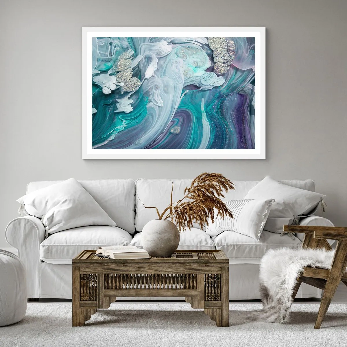 Affiche dans un cadre blanc - Poster - Courants bleus - 60x60 cm