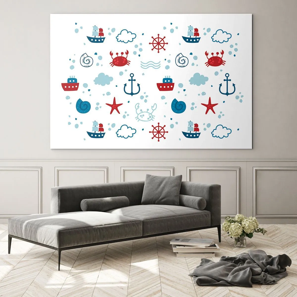 Impression sur verre - Image sur verre - Motifs nautiques avec crabes, ancres et navires - 100x70cm - Conte de fées de la mer - Décoration murale moderne pour le salon et la chambre ARTTOR