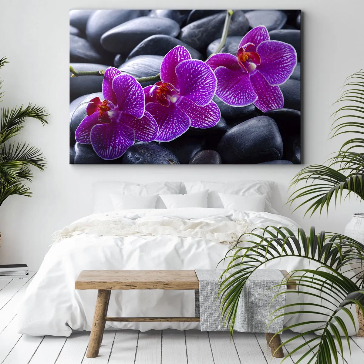 Impression sur toile - Image sur toile - Orchidées violettes sur fond de pierres noires - 70x50cm - Les pierres brillaient de joie - Décoration murale moderne pour le salon et la chambre ARTTOR