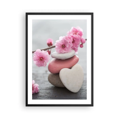 Affiche dans un cadre noir - Poster - Pierres en forme de cœur avec des fleurs de cerisier roses - 50x70cm - Le bonheur avec une fleur de cerisier - Décoration murale moderne pour le salon et la chambre ARTTOR