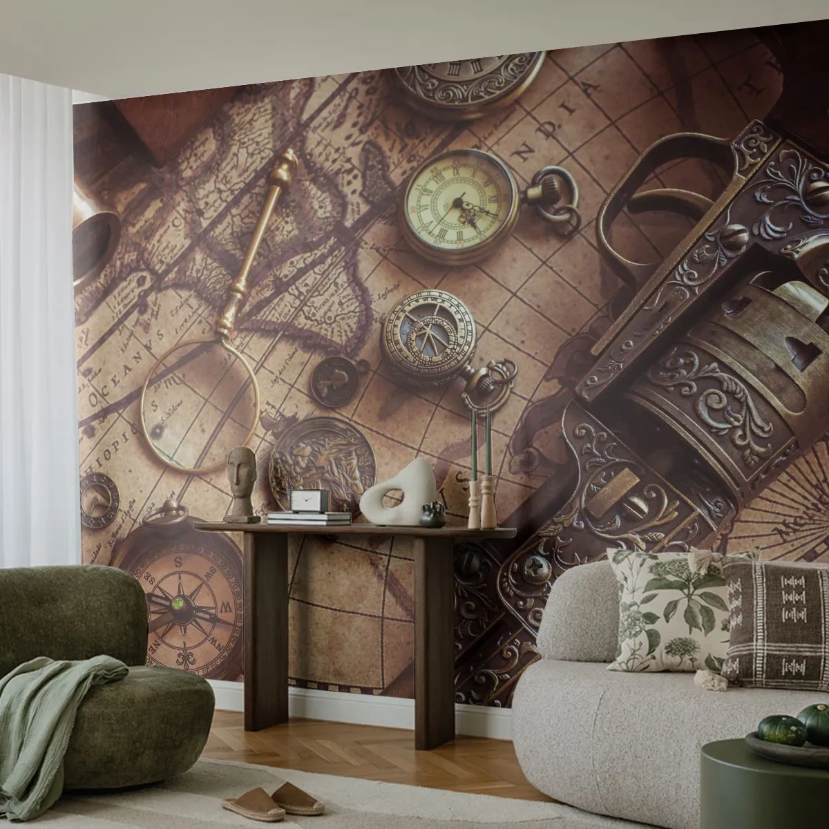 Papier Peint Autocollant Deluxe Sticker - L'aventure appelle - Carte du monde, Boussole, Revolver - 250x175 cm