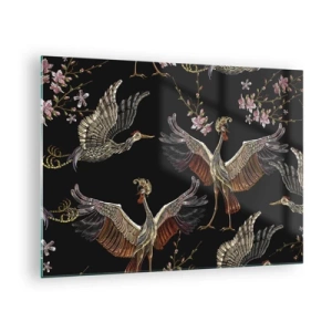 Impression sur verre - Image sur verre - Oiseaux en vol avec des fleurs sur fond noir, style rétro - 70x50cm - Un oiseau de conte de fées - Décoration murale moderne pour le salon et la chambre ARTTOR