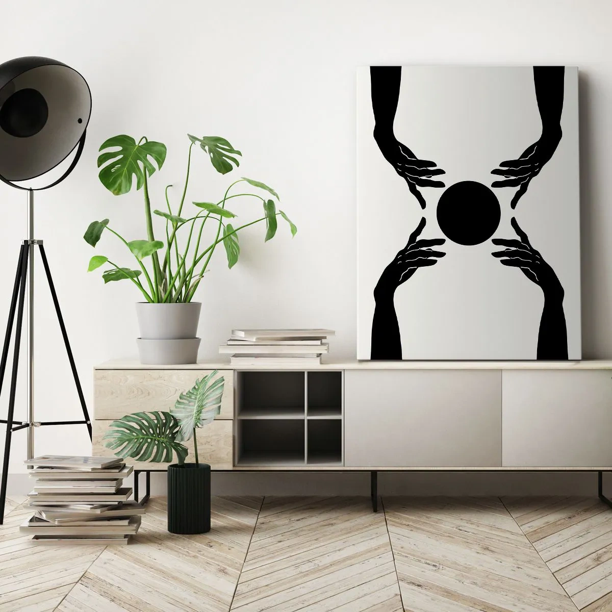 Impression sur toile - Image sur toile - Mains noires dans une composition symétrique avec une boule - 50x70cm - Signe secret - Décoration murale moderne pour le salon et la chambre ARTTOR