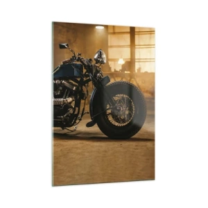 Impression sur verre - Image sur verre - Prise de vue atmosphérique d'une moto classique dans un garage - 50x70cm - Je peux tout - Décoration murale moderne pour le salon et la chambre ARTTOR