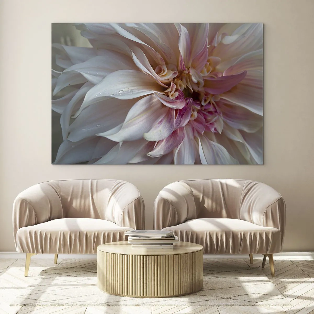Impression sur verre - Image sur verre - Gros plan d'une fleur rose et crème avec des gouttes d'eau - 70x50cm - Fraîcheur fleurissante - Décoration murale moderne pour le salon et la chambre ARTTOR