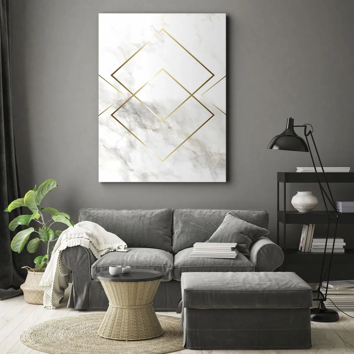 Impression sur toile - Image sur toile - Losanges dorés minimalistes sur fond de marbre - 70x100cm - Vue à l'infini - Décoration murale moderne pour le salon et la chambre ARTTOR