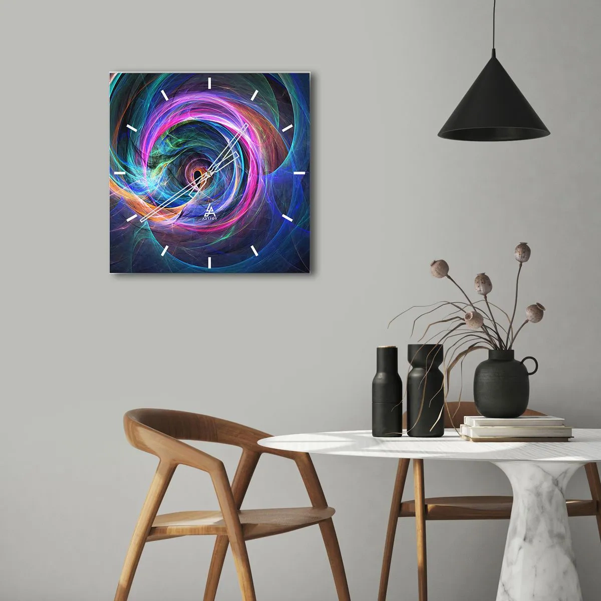 Horloge murale - Pendule murale - Un tourbillon abstrait de couleurs dans des tons de violet, de rose et de bleu. - 30x30cm - Où m'emmènes-tu ? - Décoration murale moderne pour le salon et la chambre ARTTOR