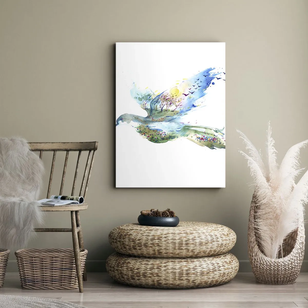 Impression sur toile - Image sur toile - Composition à l'aquarelle d'un oiseau avec des éléments de la nature - 50x70cm - Sur les ailes de la nature - Décoration murale moderne pour le salon et la chambre ARTTOR