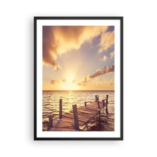 Affiche dans un cadre noir - Poster - Jetée en bois face à la mer au coucher du soleil - 50x70cm - La terre d'or de la douceur - Décoration murale moderne pour le salon et la chambre ARTTOR