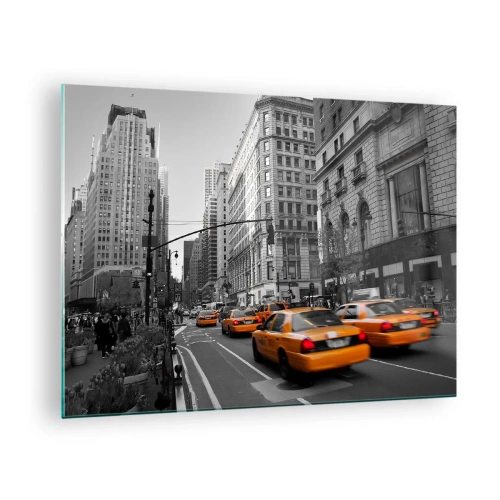 Impression sur verre - Image sur verre - Taxis jaunes dans les rues de la ville dans un décor noir et blanc - 70x50cm - Soleil des grandes villes - Décoration murale moderne pour le salon et la chambre ARTTOR