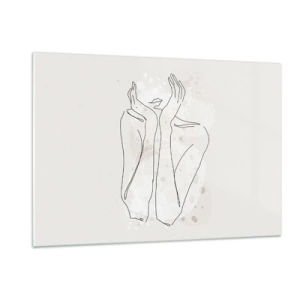 Impression sur verre - Image sur verre - Un croquis minimaliste des mains et des lèvres d'une femme sur un fond beige. - 120x80cm - Instant de rêve - Décoration murale moderne pour le salon et la chambre ARTTOR