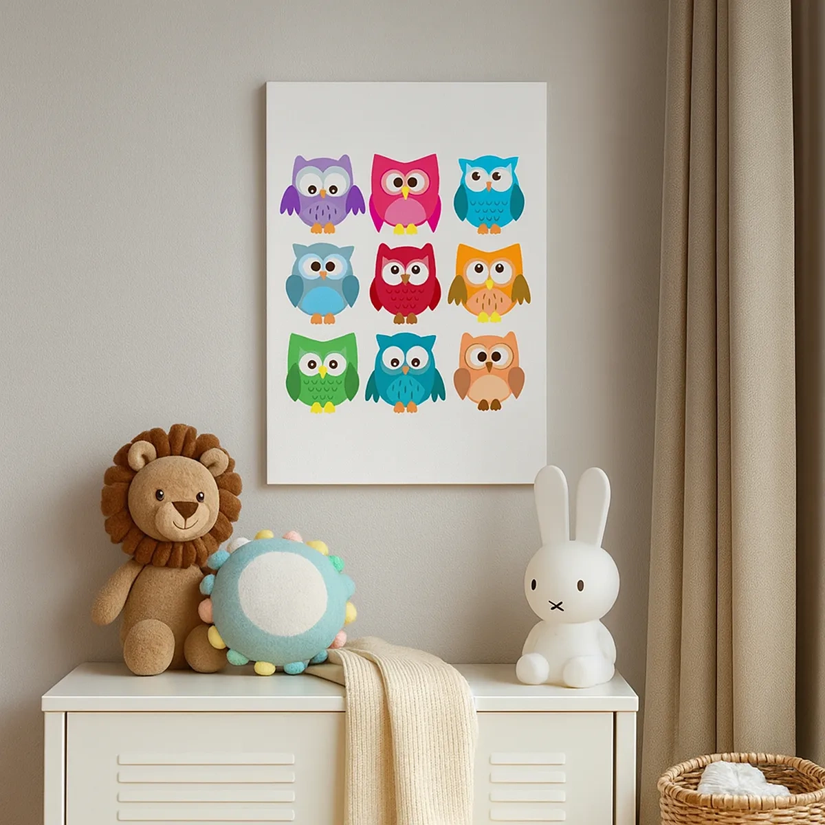 Impression sur toile - Image sur toile - Illustrations colorées de hiboux dans un style enfantin - 50x70cm - C'est amusant d'être différent - Décoration murale moderne pour le salon et la chambre ARTTOR