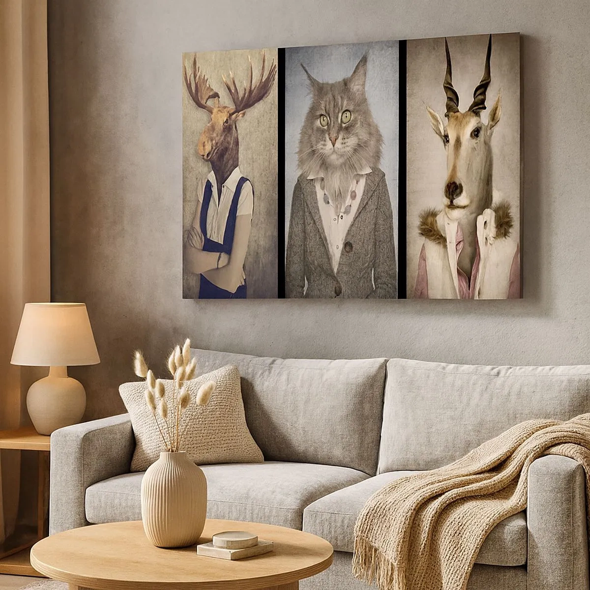 Impression sur toile - Image sur toile - Un triptyque avec des figures animales en vêtements élégants sur un fond stylisé - 70x50cm - La fourrure revient à la mode - Décoration murale moderne pour le salon et la chambre ARTTOR
