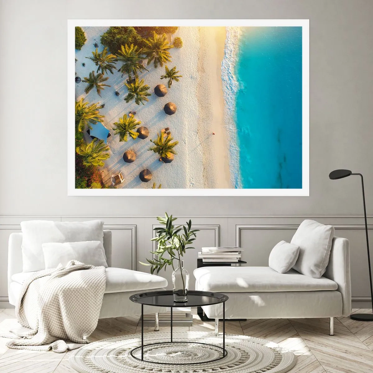 Affiche - Poster - Vue d'une plage tropicale avec des palmiers et une mer turquoise - 100x70cm - Bienvenue au paradis - Décoration murale moderne pour le salon et la chambre ARTTOR