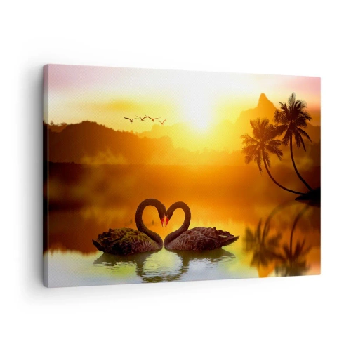 Impression sur toile - Image sur toile - Deux cygnes noirs formant un cœur sur fond de coucher de soleil sur un lac - 70x50cm - Tout va ensemble - Décoration murale moderne pour le salon et la chambre ARTTOR
