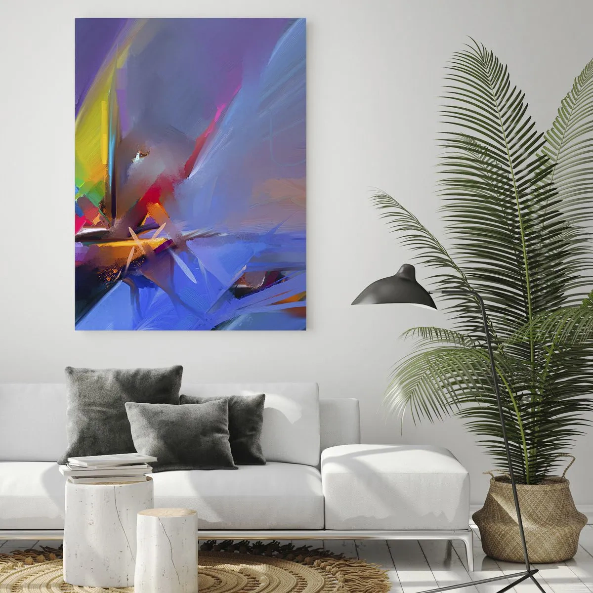 Impression sur verre - Image sur verre - Hélices abstraites aux couleurs vives sur fond de ciel pastel - 50x70cm - Hélices comme un oiseau - Décoration murale moderne pour le salon et la chambre ARTTOR