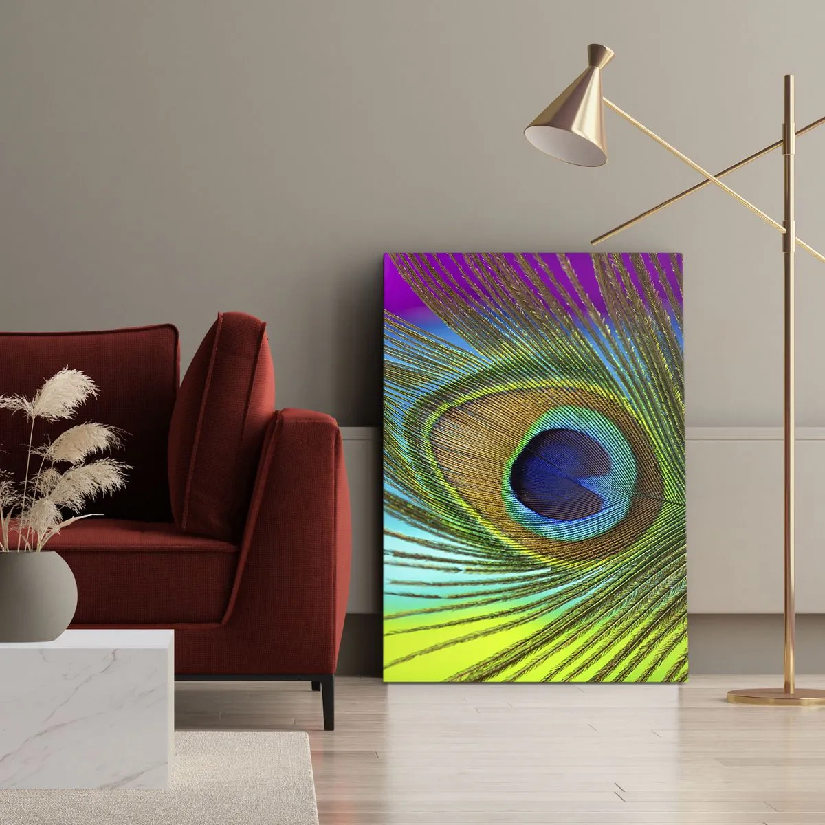 Impression sur toile - Image sur toile - Gros plan d'une plume de paon aux couleurs vives - 80x120cm - Les yeux dans les yeux - Décoration murale moderne pour le salon et la chambre ARTTOR
