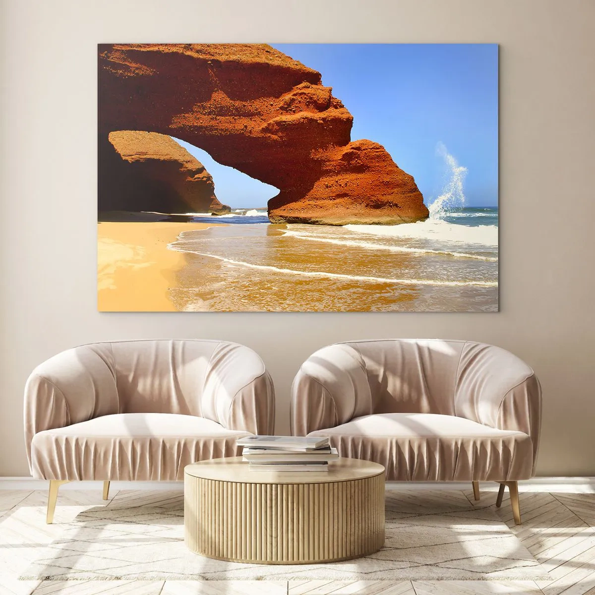 Impression sur verre - Image sur verre - Arches de roche rouge sur la plage et l'océan - 70x50cm - L'eau et le vent depuis des milliers d'années - Décoration murale moderne pour le salon et la chambre ARTTOR